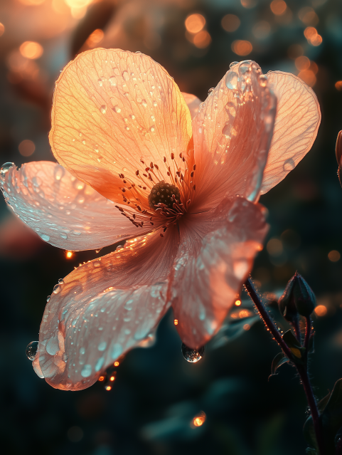 Sunlit Flower with Dewdrops at Dusk