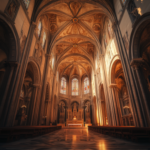 Sunlit Gothic Cathedral Interior with Stained Glass