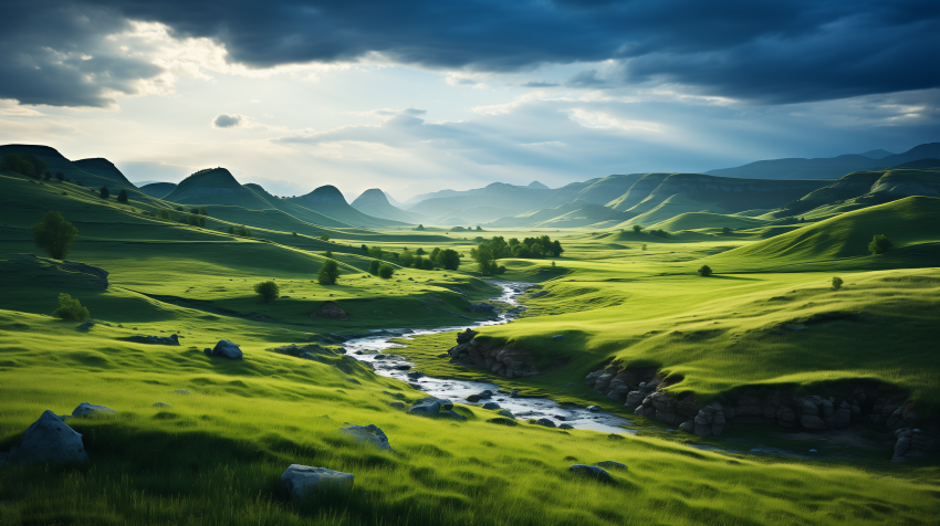 Sunlit Green Valley with Flowing Stream