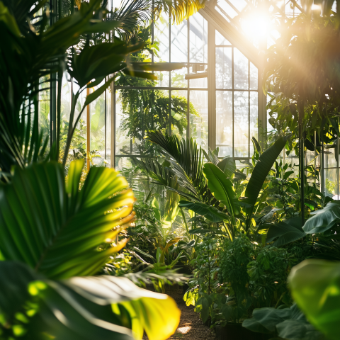 Sunlit Greenhouse Overflowing With Foliage