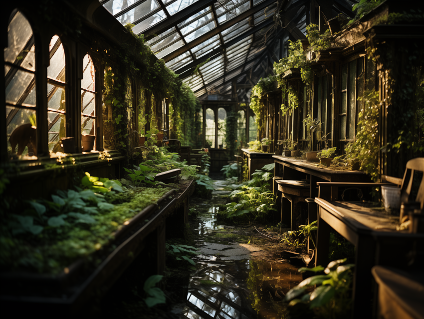 Sunlit Greenhouse Overgrown with Plants