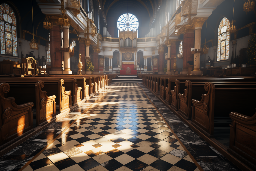 Sunlit Interior of Ornate Church