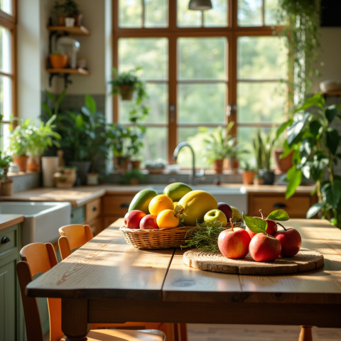 Sunlit Kitchen with Fresh Fruit and Plants