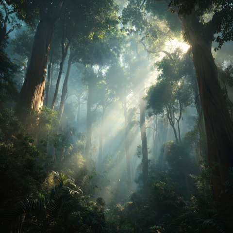 Sunlit Misty Tropical Rainforest Canopy