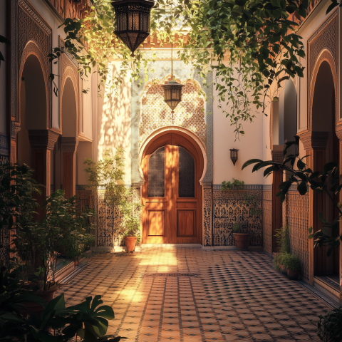 Sunlit Moroccan Courtyard with Arched Doorways