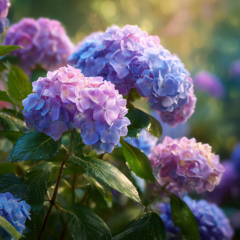 Sunlit Pink and Blue Hydrangeas