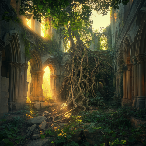 Sunlit Ruins Overgrown with Tree Roots