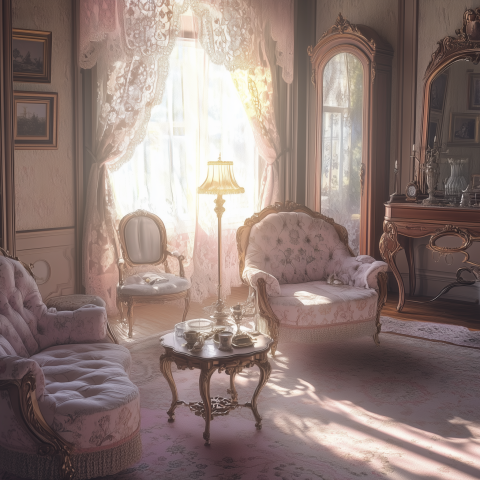 Sunlit Victorian Parlor with Lace Curtains