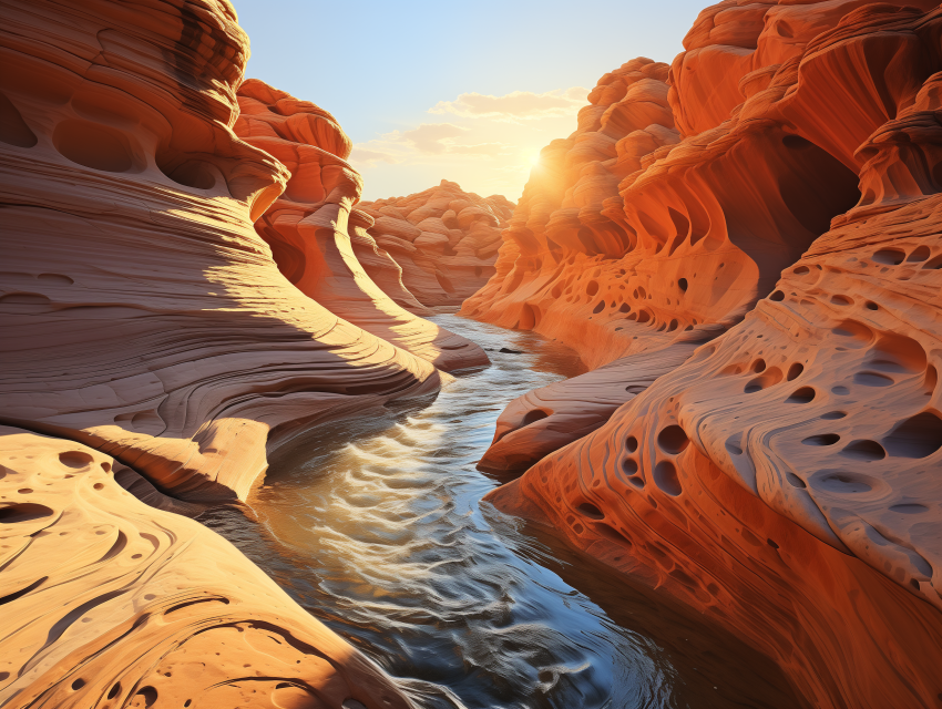 Sunlit Water Flowing Through Red Canyon
