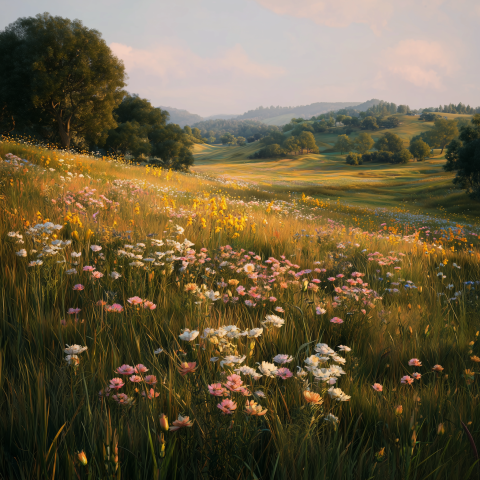 Sunlit Wildflower Meadow in Rolling Hills