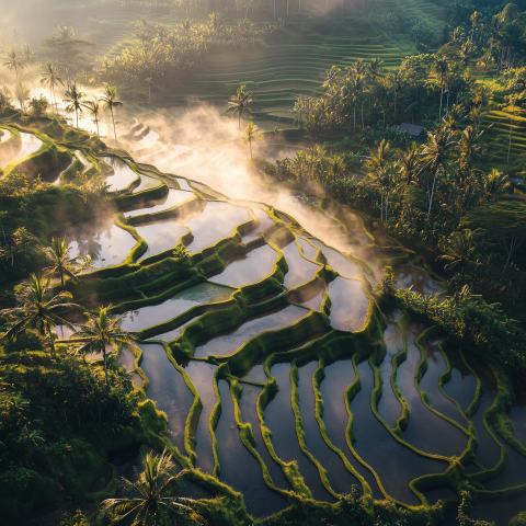 Sunrise Over Lush Terraced Rice Fields
