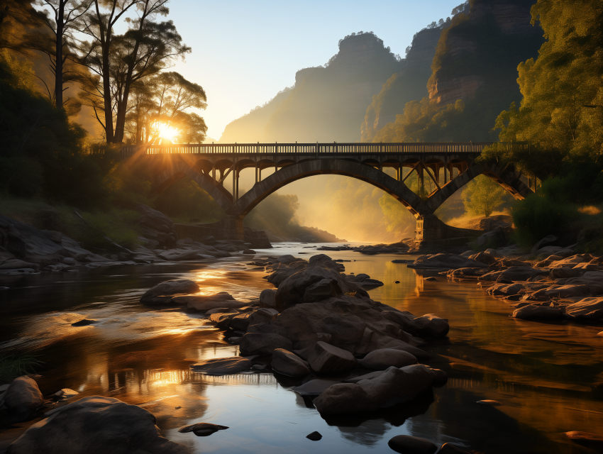 Sunrise Behind a River Gorge Bridge