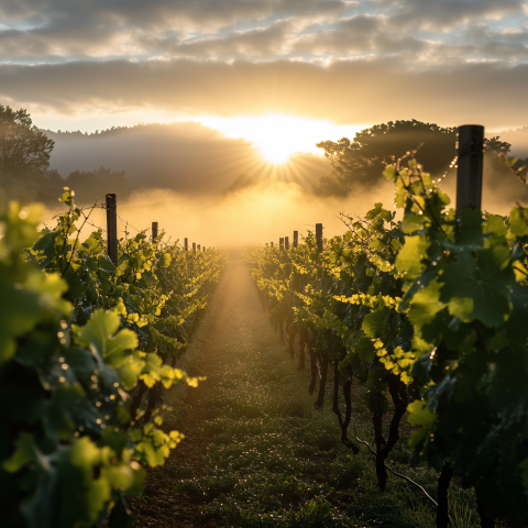 Sunrise Over Vineyard Rows with Mist