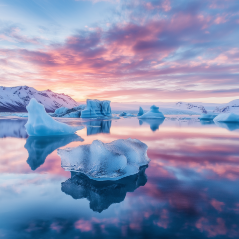 Sunset Over Icebergs and Reflections