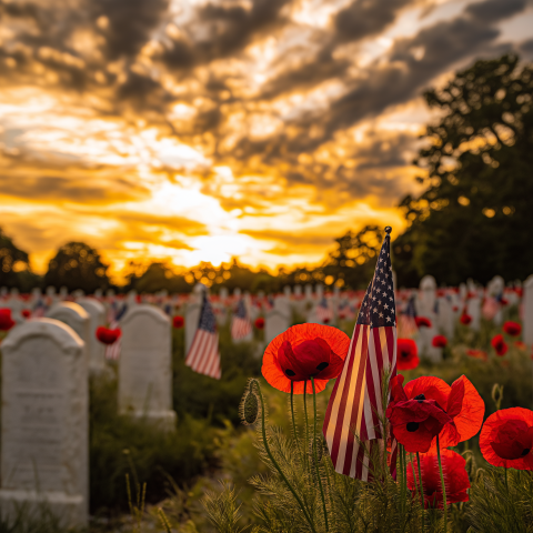 Sunset Over Military Cemetery with Poppies