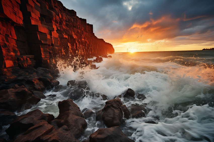Sunset Waves Crash Against Basalt Cliffs
