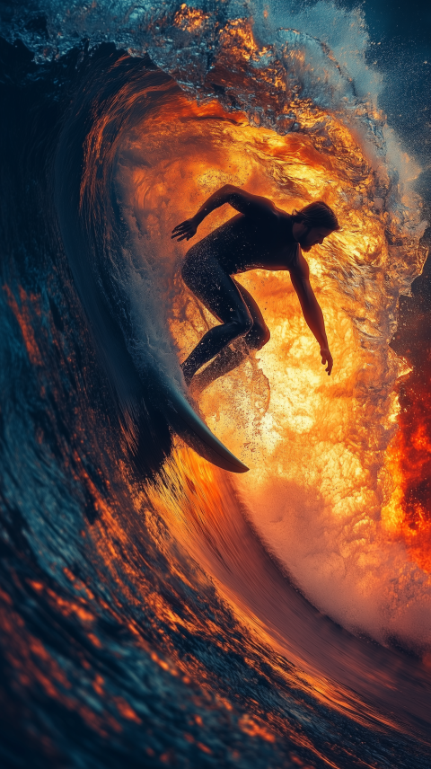 Surfer Riding a Fiery Wave at Sunset
