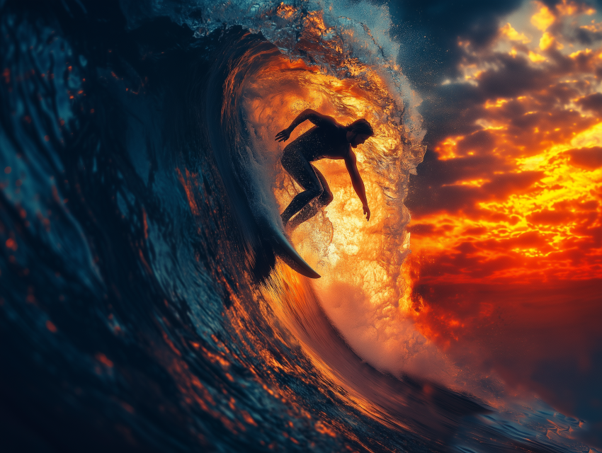 Surfer Riding a Fiery Wave at Sunset Wide angle
