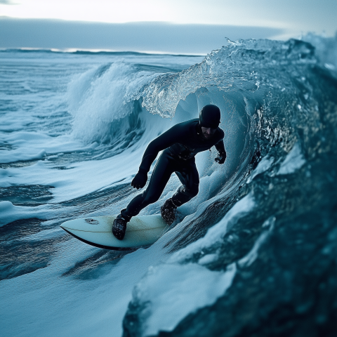 Surfer Riding Wave in Cold Ocean