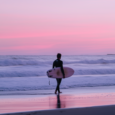 Surfer Walking Along Beach at Sunset