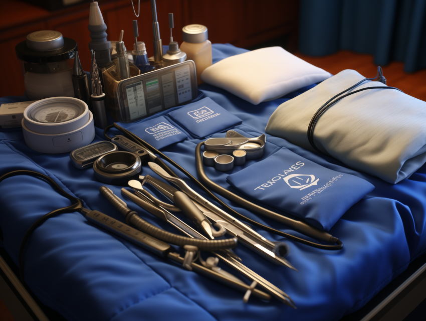 Surgical Instruments Arranged on Blue Fabric