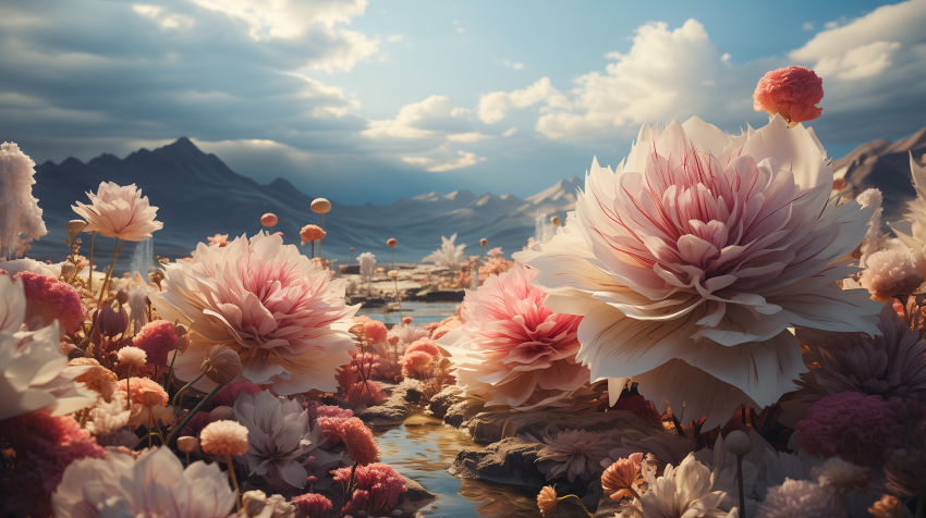 Surreal Floral Landscape with Mountains
