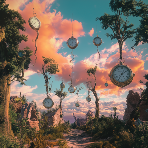 Surreal Forest with Floating Pocket Watches