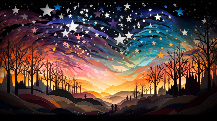 Surreal Sunset in a Starry Forest