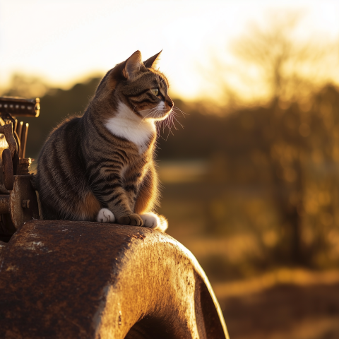 Tabby Cat Resting on Rusty Farm Equipment