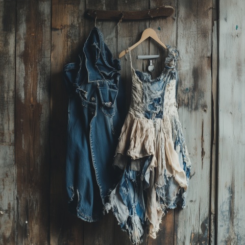 Tattered Denim and Fabric Dresses on Rustic Wall