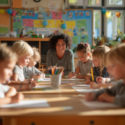 Smiling Teacher Guiding Children in Coloring Activity