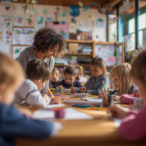 Caring Teacher Helping Children with Art Projects