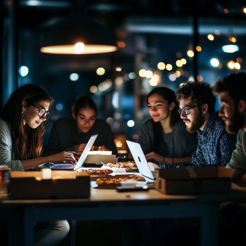 Team Working Late with Pizza and Laptops