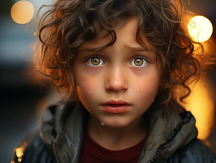 Teary-Eyed Child in Rainy Twilight