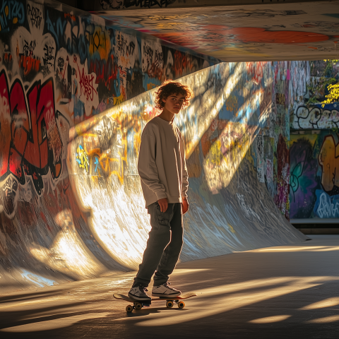 Teen Skateboarder in Graffiti Skatepark