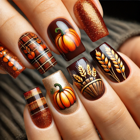 Thanksgiving-themed Squared Nail Art Design