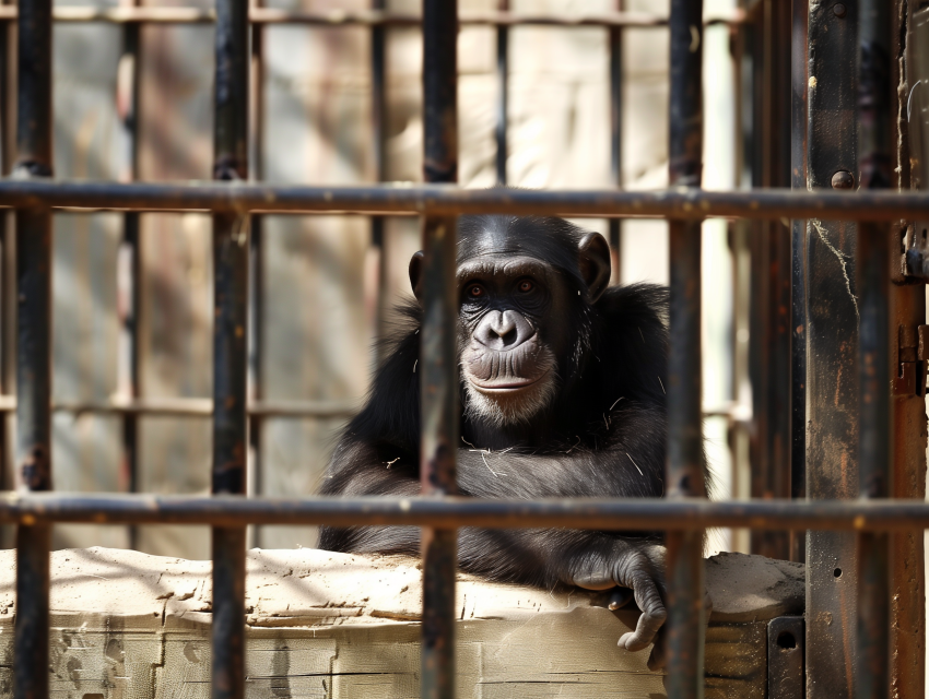 Sad chimpanzee in a cage