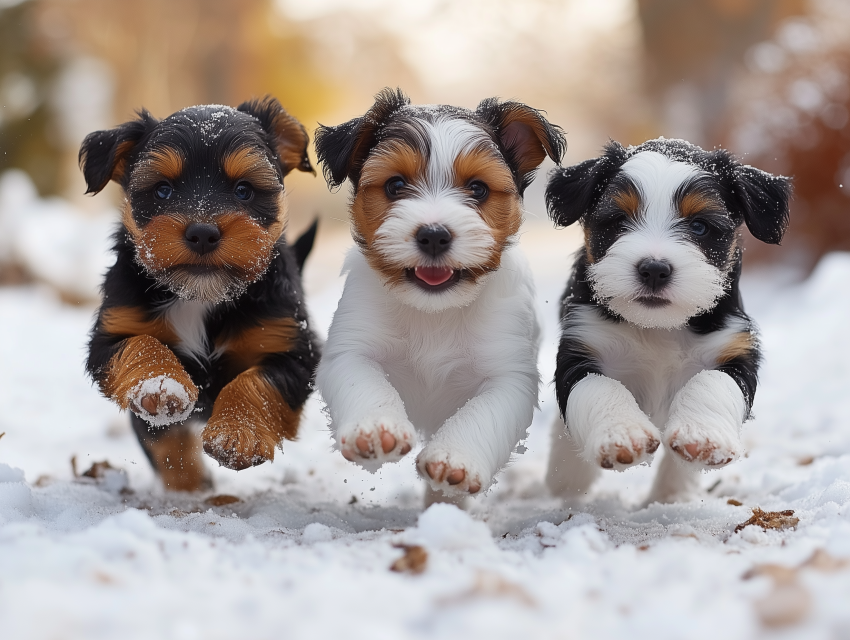 Three Adorable Puppies Running in Snow