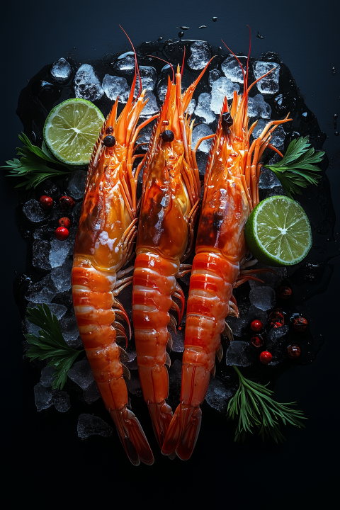 Three Fresh Shrimp with Lime and Ice