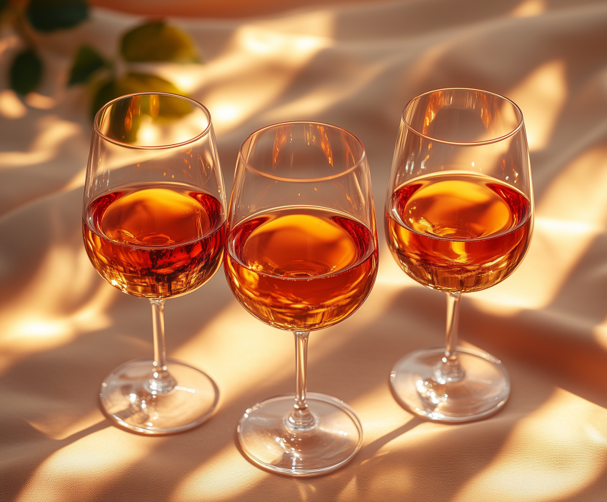 Three Glasses of Amber Wine in Sunlight