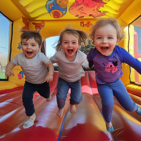 Three Happy Toddlers Jumping in Bounce House