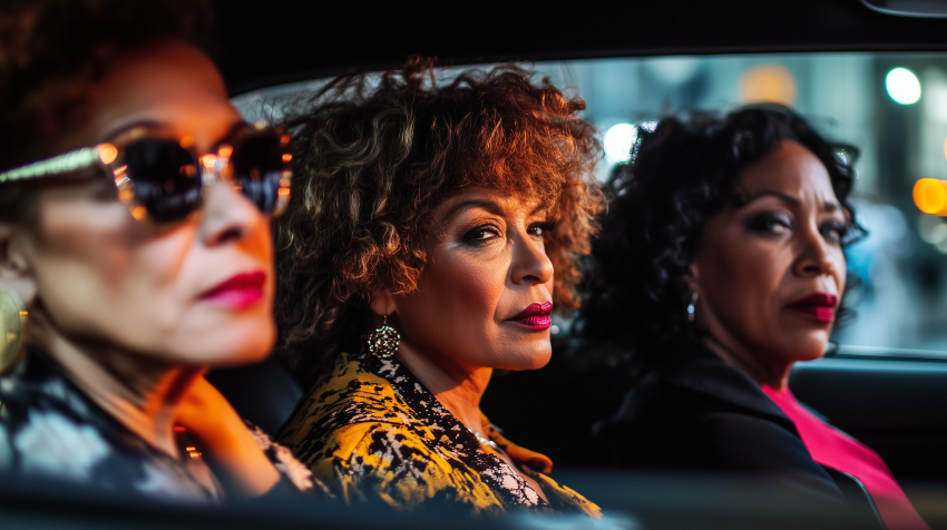Three Stylish Women in a Car at Night