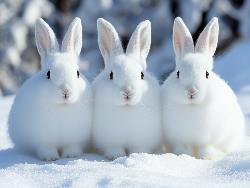 Three White Rabbits in Winter Snow