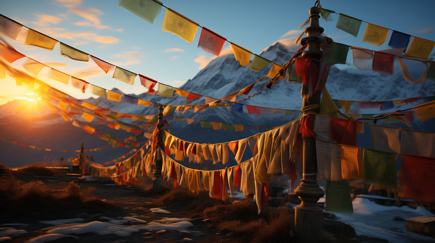 Tibetan Prayer Flags in Mountain Sunset
