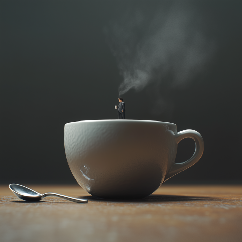 Tiny Man Standing on Giant Steaming Coffee Cup