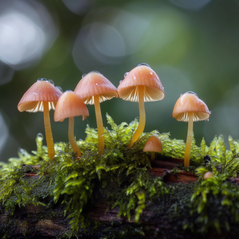 Tiny Mushrooms on Mossy Forest Log