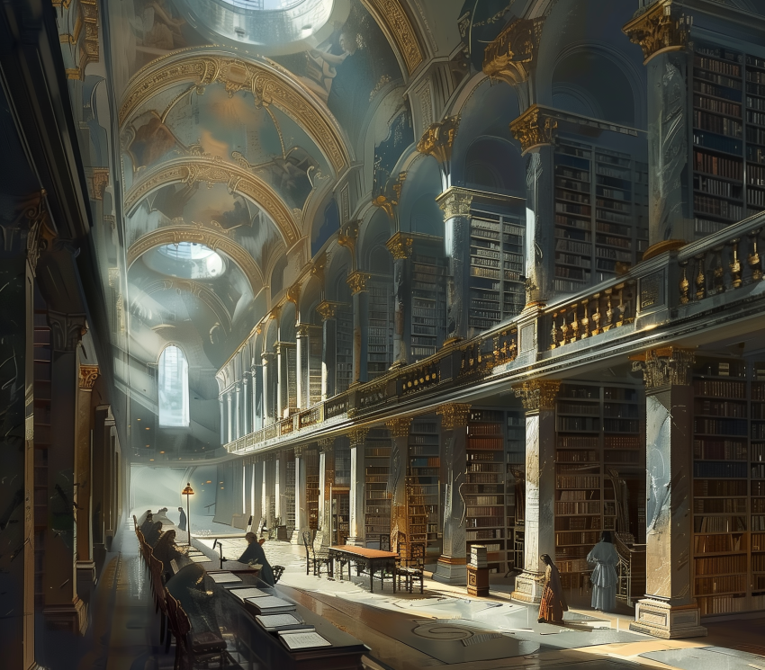 Towering Bookshelves And Students