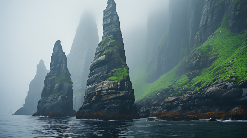 Towering Sea Stacks in Ocean Mist