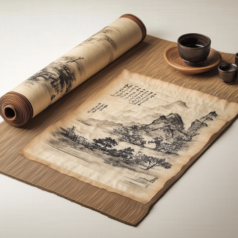 Traditional Chinese Scroll Beside Tea Set