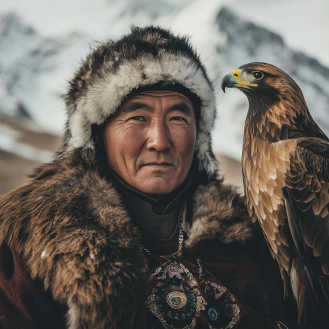Traditional Eagle Hunter in Winter Mountains